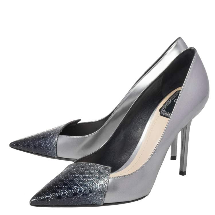 Pre Owned Dior Metallic Silver/Blue Leather Cannage Cap Toe Spade Pumps Size 40