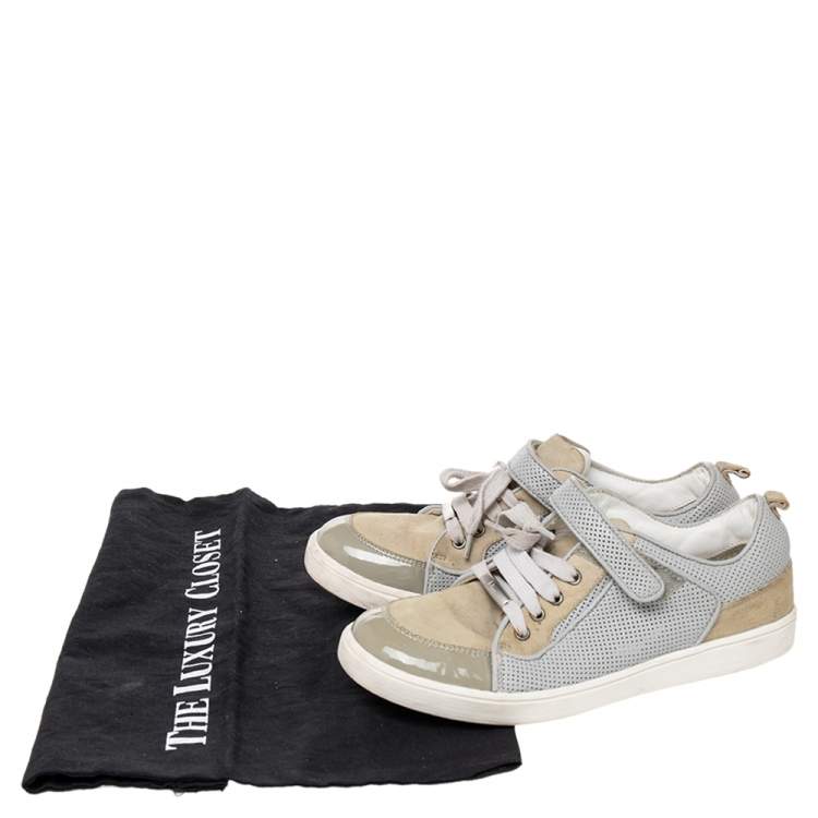 Pre Owned Dior Beige/Grey Mesh And Patent Leather Low Top Sneakers Size 34