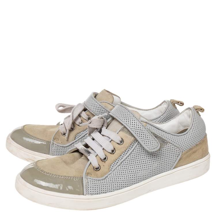 Pre Owned Dior Beige/Grey Mesh And Patent Leather Low Top Sneakers Size 34