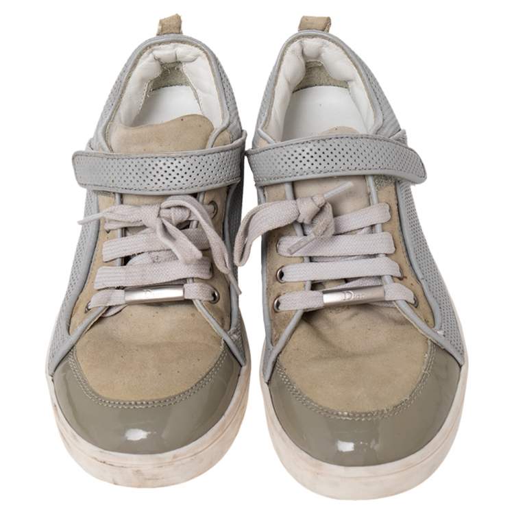 Pre Owned Dior Beige/Grey Mesh And Patent Leather Low Top Sneakers Size 34