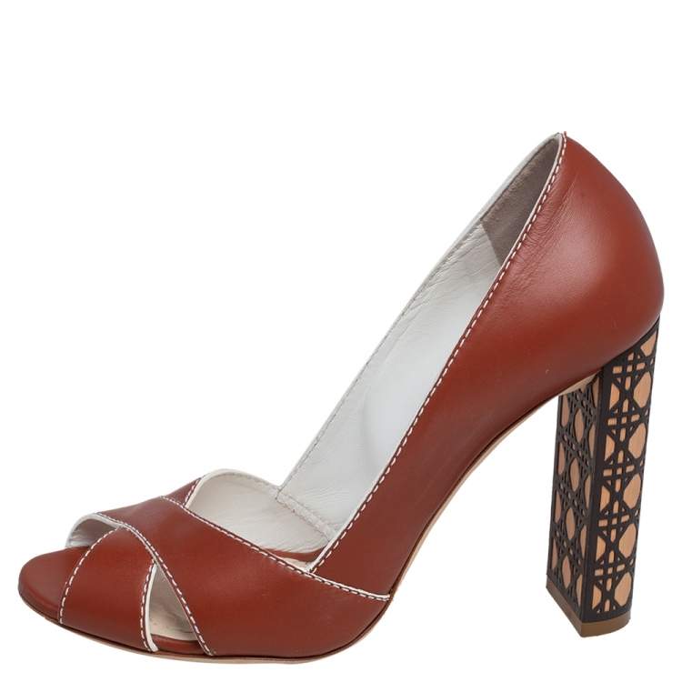 Pre Owned Dior Brown Leather Criss Cross Cannage Heel Peep Toe Pumps Size 37.5