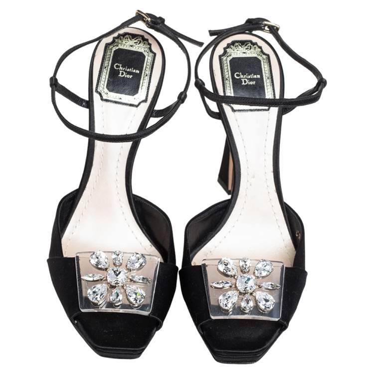 Pre Owned Dior Black Satin and PVC Crystal Embellished Open Toe Platform Ankle Strap Sandals Size 38