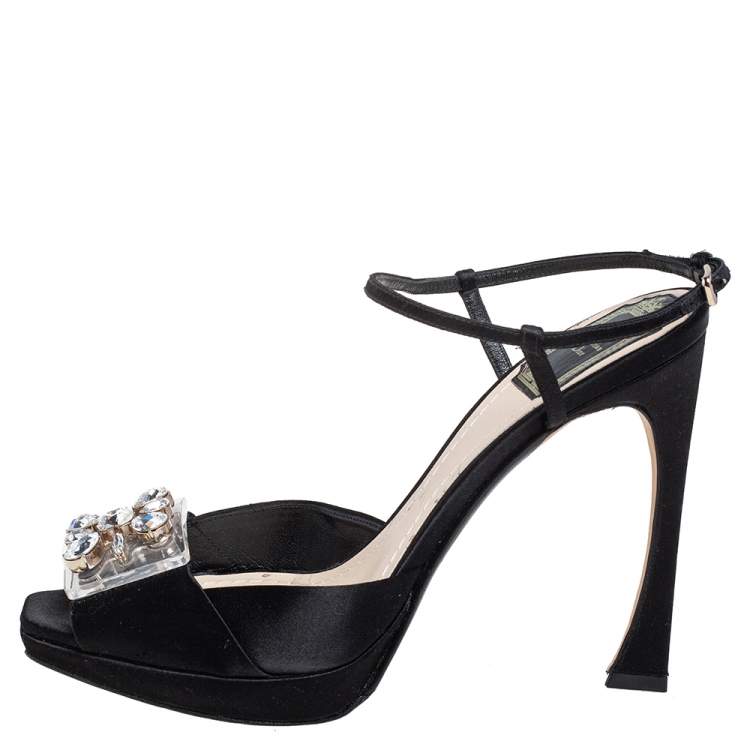 Pre Owned Dior Black Satin and PVC Crystal Embellished Open Toe Platform Ankle Strap Sandals Size 38