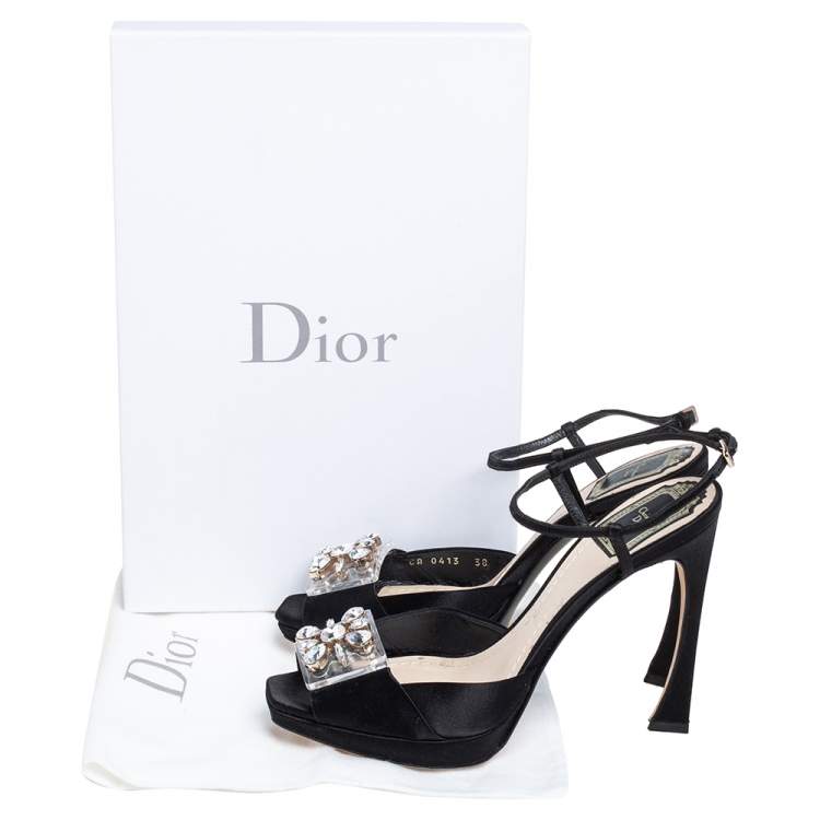 Pre Owned Dior Black Satin and PVC Crystal Embellished Open Toe Platform Ankle Strap Sandals Size 38