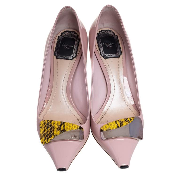Pre Owned Dior Pink Patent Leather And Python Embossed Logo Pointed Toe Pumps Size 37