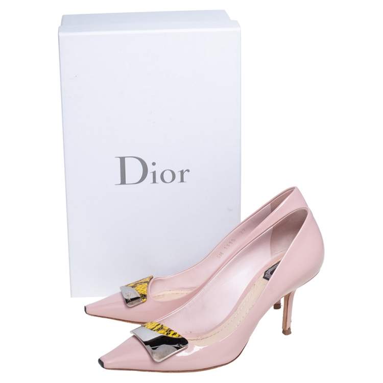 Pre Owned Dior Pink Patent Leather And Python Embossed Logo Pointed Toe Pumps Size 37