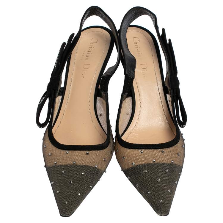 Pre Owned Dior Black Mesh and Suede Studded J'adior Slingback Sandals Size 38