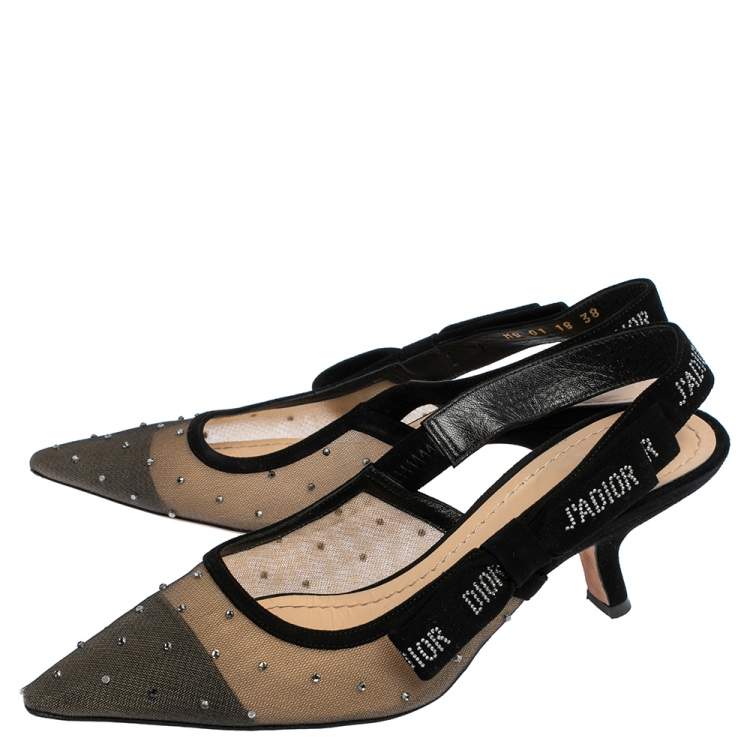 Pre Owned Dior Black Mesh and Suede Studded J'adior Slingback Sandals Size 38