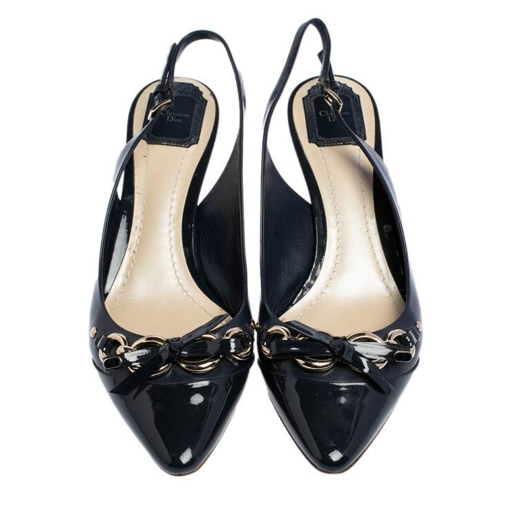 Pre Owned Dior Blue Patent Leather Chain And Bow Embellished Slingback Sandals Size 41.5