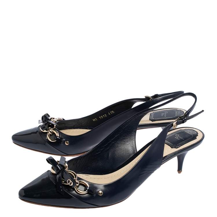 Pre Owned Dior Blue Patent Leather Chain And Bow Embellished Slingback Sandals Size 41.5