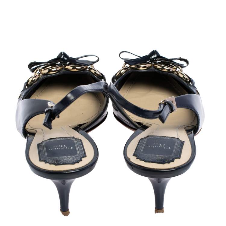 Pre Owned Dior Blue Patent Leather Chain And Bow Embellished Slingback Sandals Size 41.5