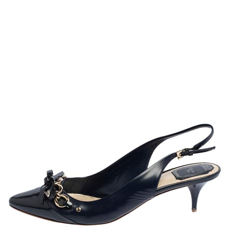 Pre Owned Dior Blue Patent Leather Chain And Bow Embellished Slingback Sandals Size 41.5