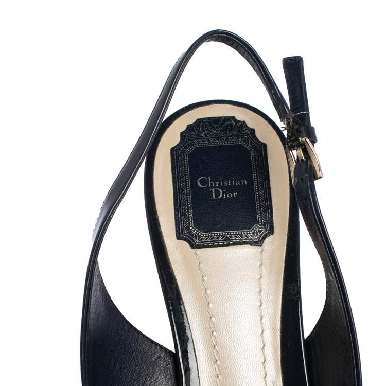 Pre Owned Dior Blue Patent Leather Chain And Bow Embellished Slingback Sandals Size 41.5