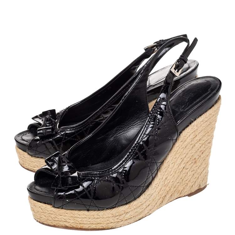 Pre Owned  Dior Black Cannage Patent Leather Espadrille Wedge Sandals Size 40