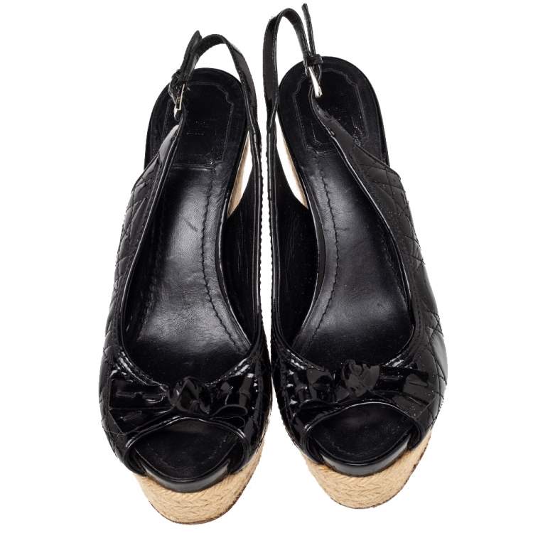 Pre Owned  Dior Black Cannage Patent Leather Espadrille Wedge Sandals Size 40