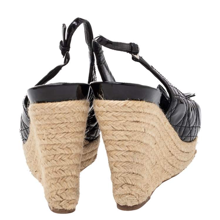 Pre Owned  Dior Black Cannage Patent Leather Espadrille Wedge Sandals Size 40