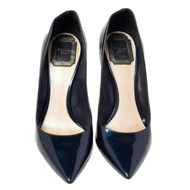 Pre Owned  Dior Metallic Dark Green Patent Leather Cherie Pointed Toe Pumps Size 37.5