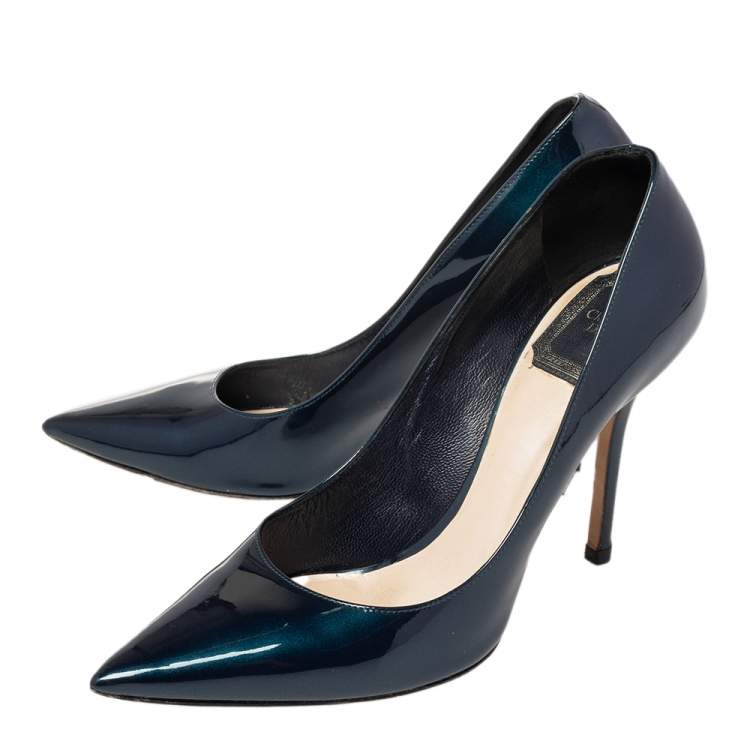 Pre Owned  Dior Metallic Dark Green Patent Leather Cherie Pointed Toe Pumps Size 37.5