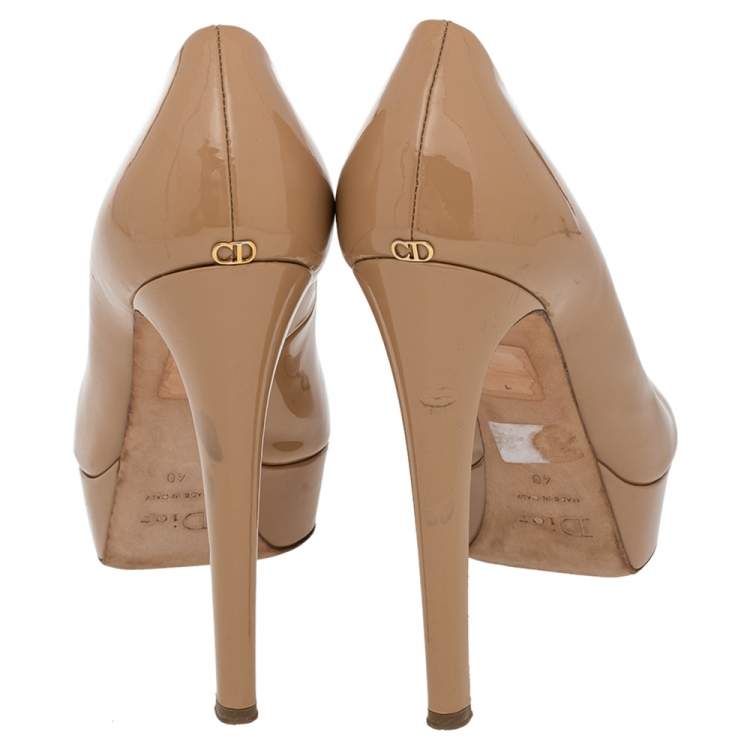 Pre Owned Dior Beige Patent Leather Miss Dior Peep Toe Platform Pumps Size 40