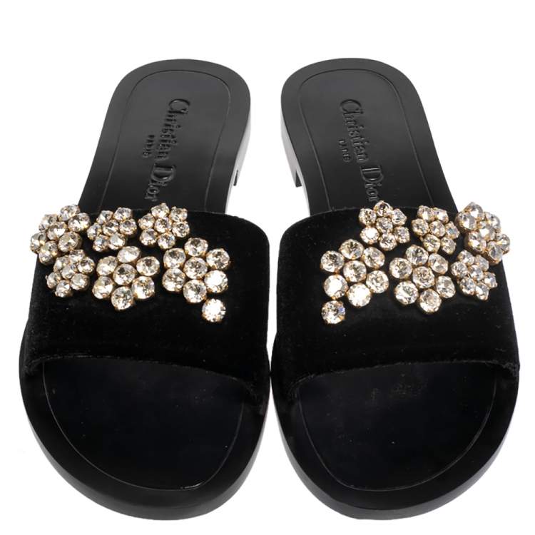 Pre Owned Dior Black Velvet Crystal Embellishment Flat Sandals Size 37.5