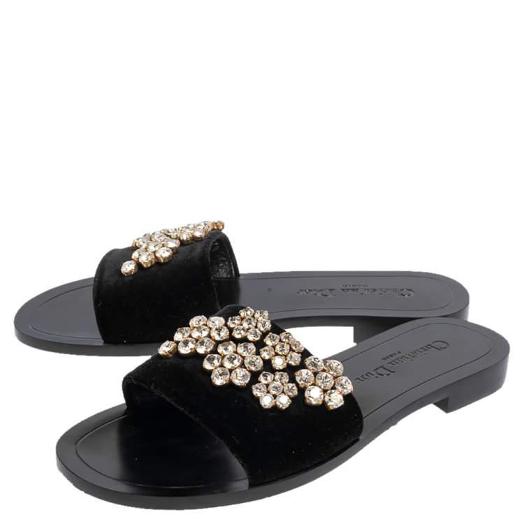 Pre Owned Dior Black Velvet Crystal Embellishment Flat Sandals Size 37.5