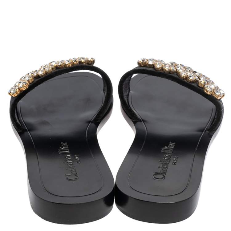 Pre Owned Dior Black Velvet Crystal Embellishment Flat Sandals Size 37.5