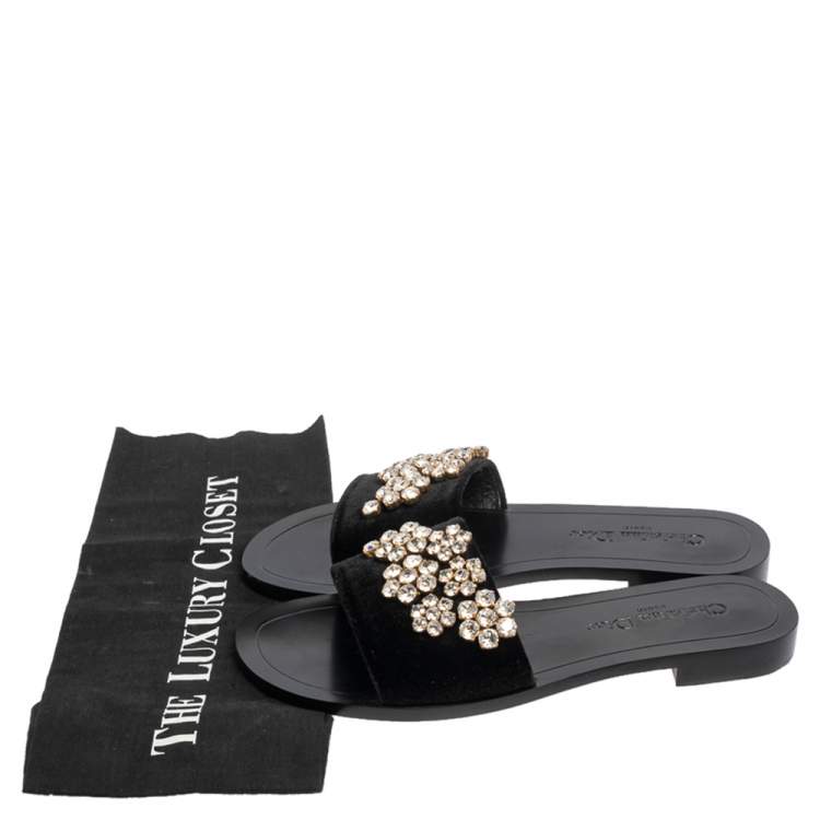 Pre Owned Dior Black Velvet Crystal Embellishment Flat Sandals Size 37.5
