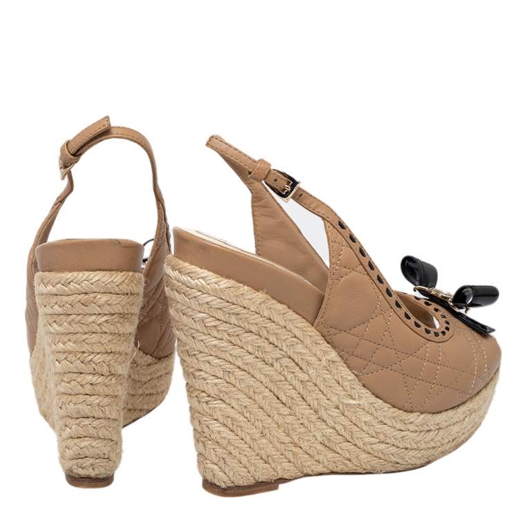 Pre Owned Dior Beige Cannage Leather Bow Wedge Platform Espadrille Sandals Size 36.5