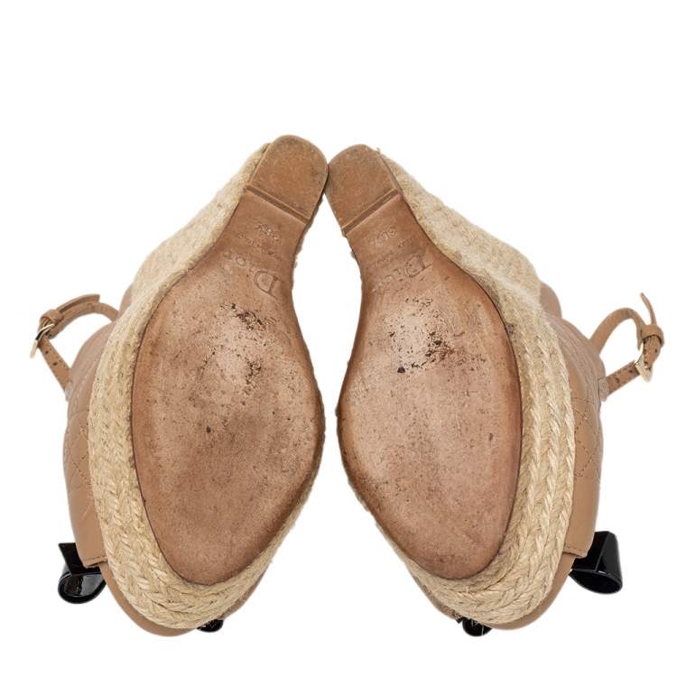 Pre Owned Dior Beige Cannage Leather Bow Wedge Platform Espadrille Sandals Size 36.5