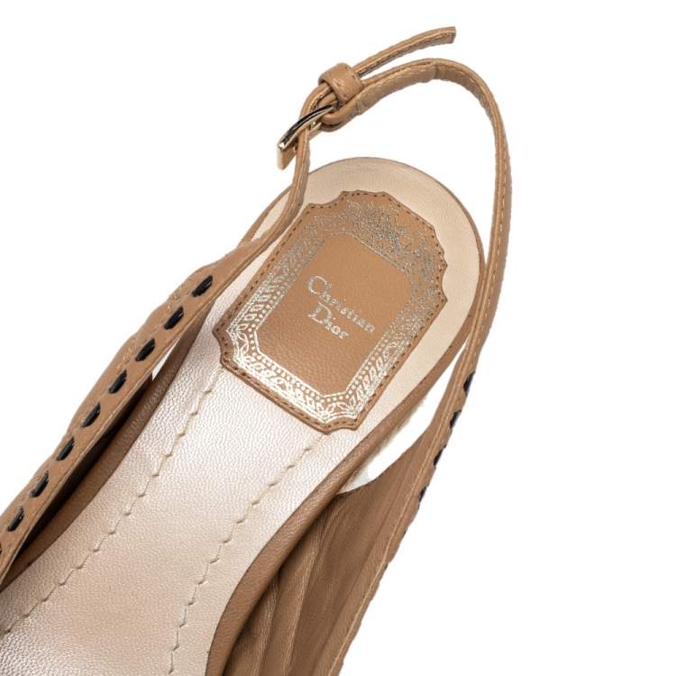 Pre Owned Dior Beige Cannage Leather Bow Wedge Platform Espadrille Sandals Size 36.5
