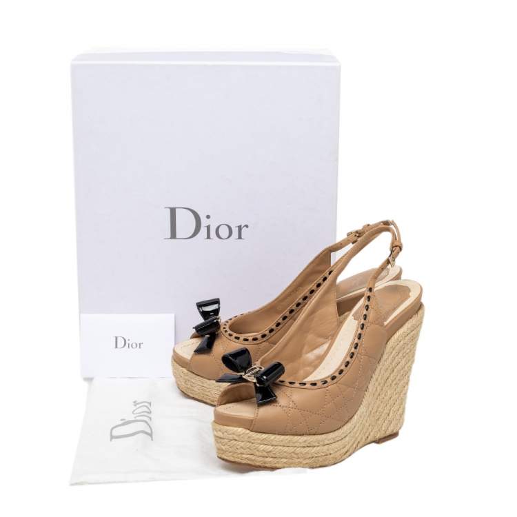 Pre Owned Dior Beige Cannage Leather Bow Wedge Platform Espadrille Sandals Size 36.5