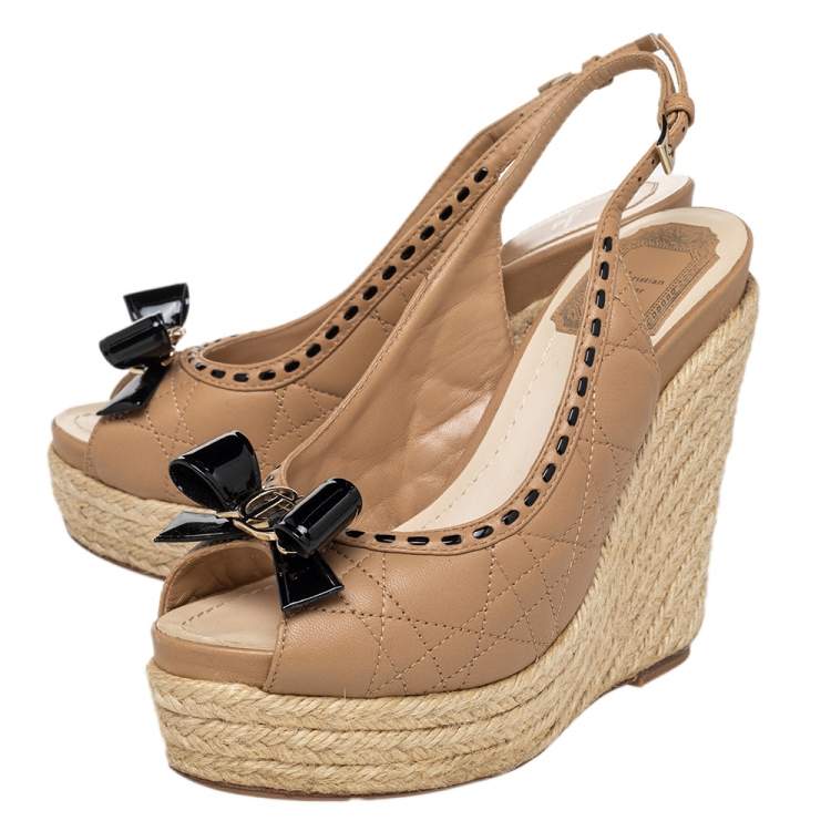 Pre Owned Dior Beige Cannage Leather Bow Wedge Platform Espadrille Sandals Size 36.5