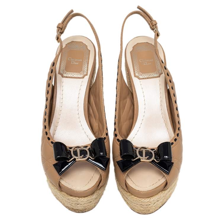 Pre Owned Dior Beige Cannage Leather Bow Wedge Platform Espadrille Sandals Size 36.5