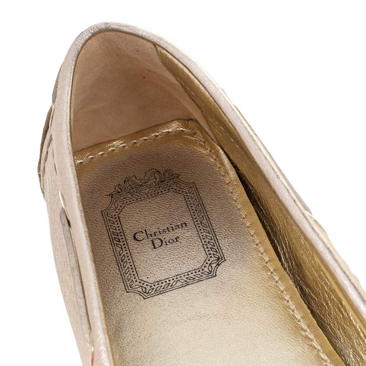 Pre Owned Dior Gold Leather Embellished Slip On Loafers Size 39