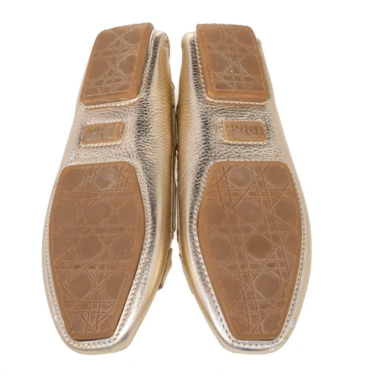 Pre Owned Dior Gold Leather Embellished Slip On Loafers Size 39