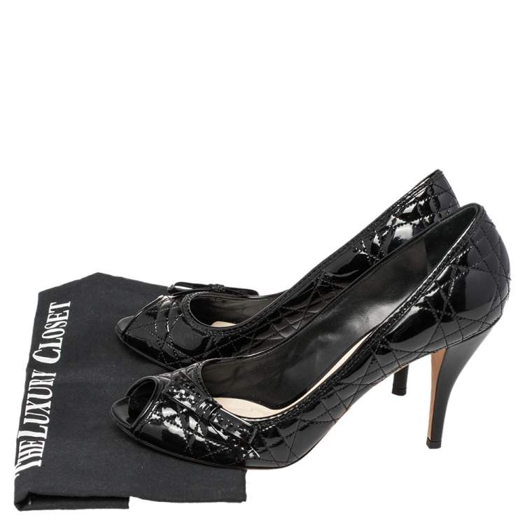 Pre Owned Dior Black Patent Leather Cannage Peep Toe Bow Pumps Size 41