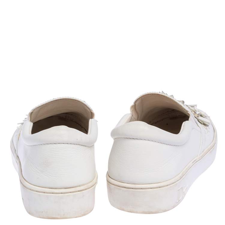 Pre Owned Dior White Leather Daisy Flower Embellished Slip On Sneakers Size 38