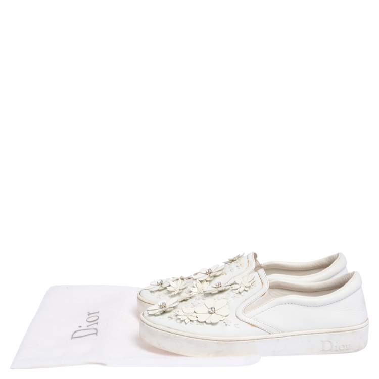 Pre Owned Dior White Leather Daisy Flower Embellished Slip On Sneakers Size 38