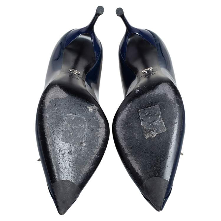 Pre Owned Dior Blue Patent Leather Crystal Embellished Pointed Toe Pumps Size 37