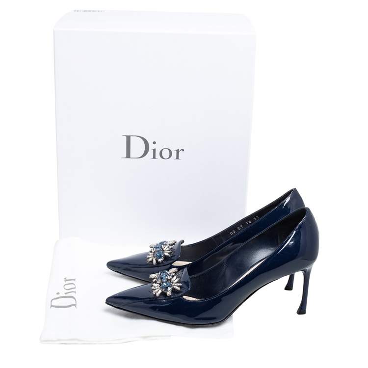 Pre Owned Dior Blue Patent Leather Crystal Embellished Pointed Toe Pumps Size 37