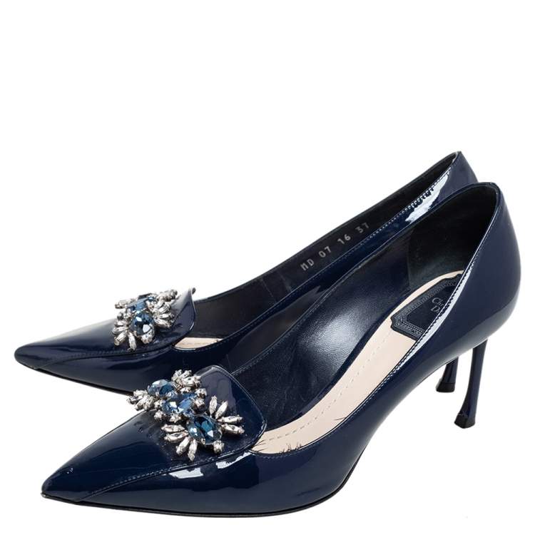 Pre Owned Dior Blue Patent Leather Crystal Embellished Pointed Toe Pumps Size 37