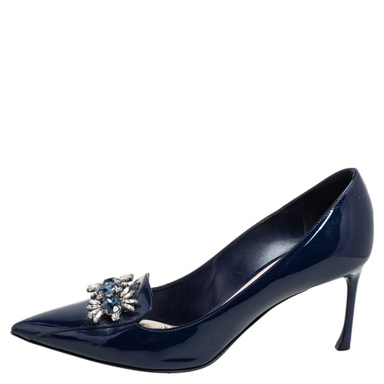 Pre Owned Dior Blue Patent Leather Crystal Embellished Pointed Toe Pumps Size 37