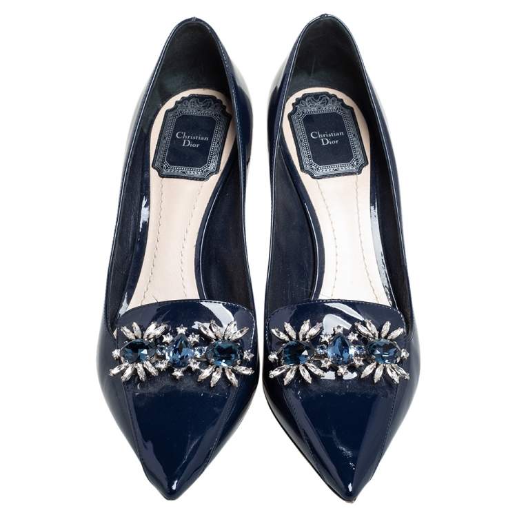 Pre Owned Dior Blue Patent Leather Crystal Embellished Pointed Toe Pumps Size 37
