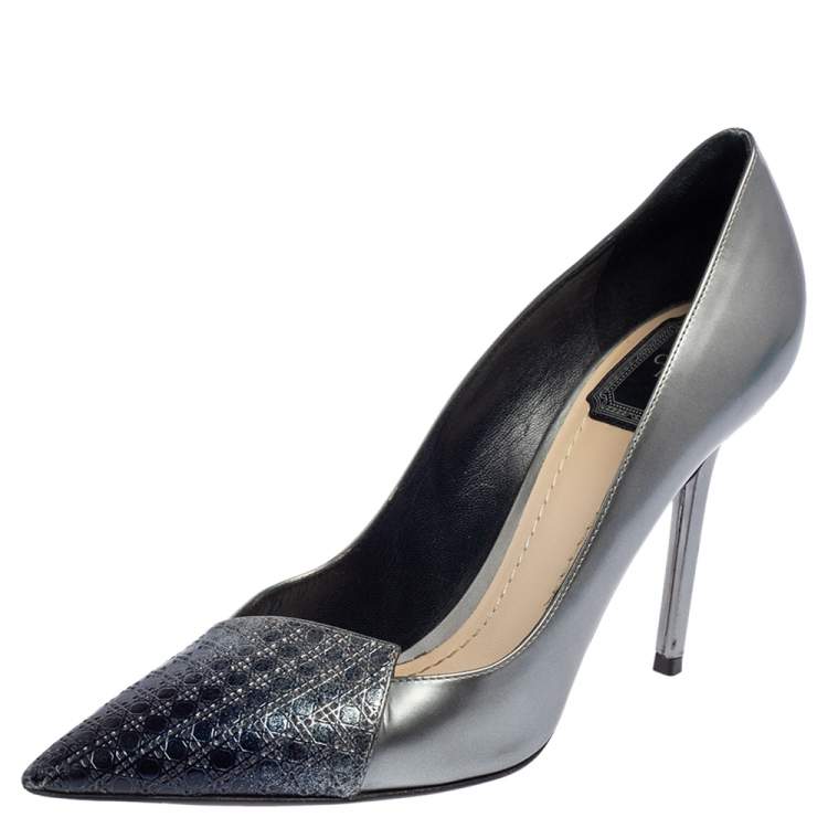 Pre Owned Dior Grey/Blue Cannage Leather Pointed Toe Pumps Size 38