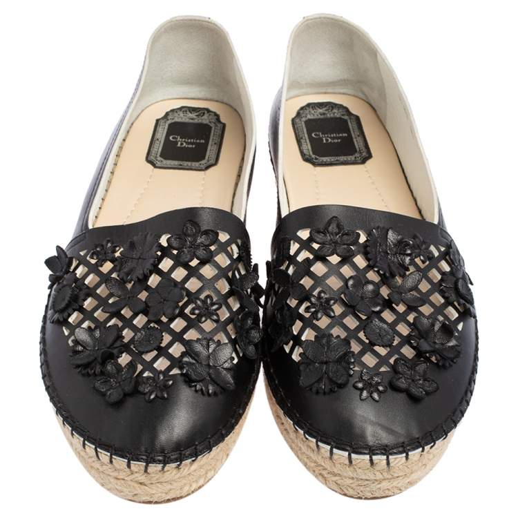Pre Owned Dior Black Laser Cut Floral Embellished Leather Flore Espadrilles Size 38.5