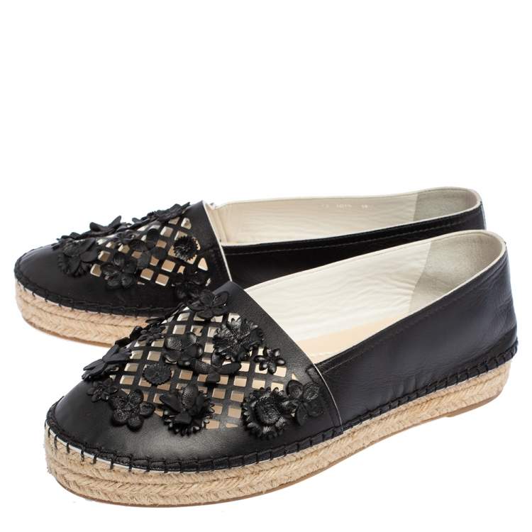 Pre Owned Dior Black Laser Cut Floral Embellished Leather Flore Espadrilles Size 38.5