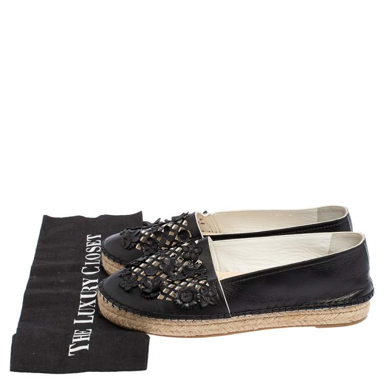 Pre Owned Dior Black Laser Cut Floral Embellished Leather Flore Espadrilles Size 38.5