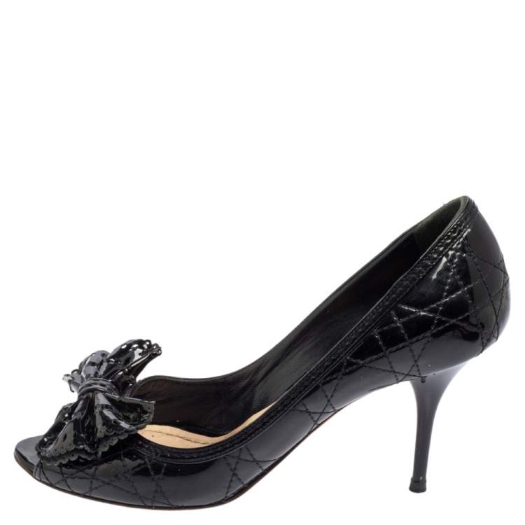 Pre Owned Dior Black Cannage Patent Leather Peep Toe Bow Pumps Size 37