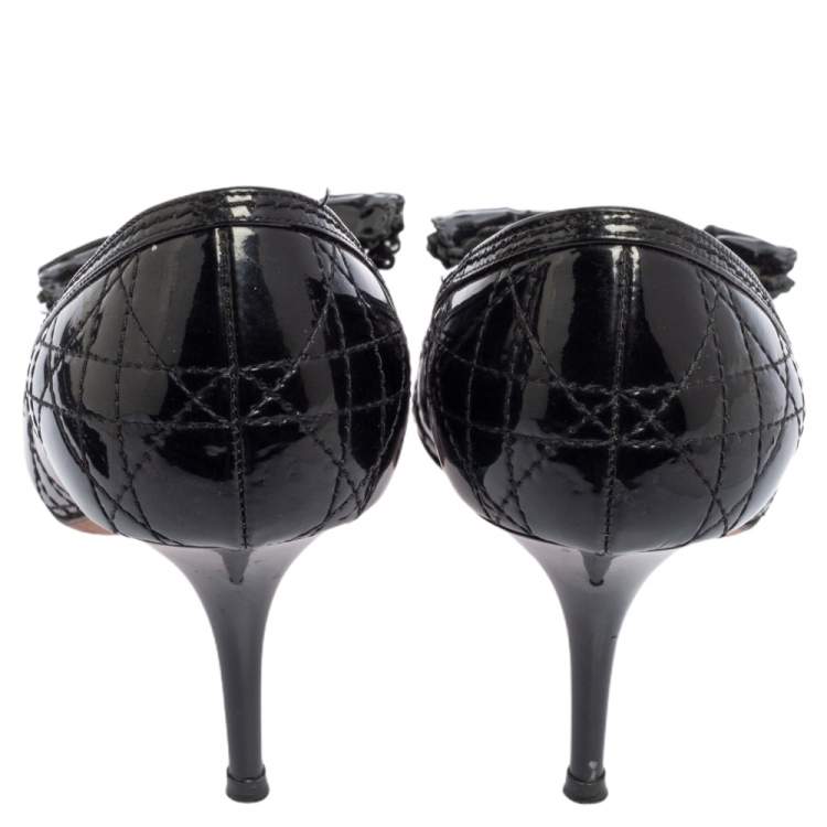 Pre Owned Dior Black Cannage Patent Leather Peep Toe Bow Pumps Size 37