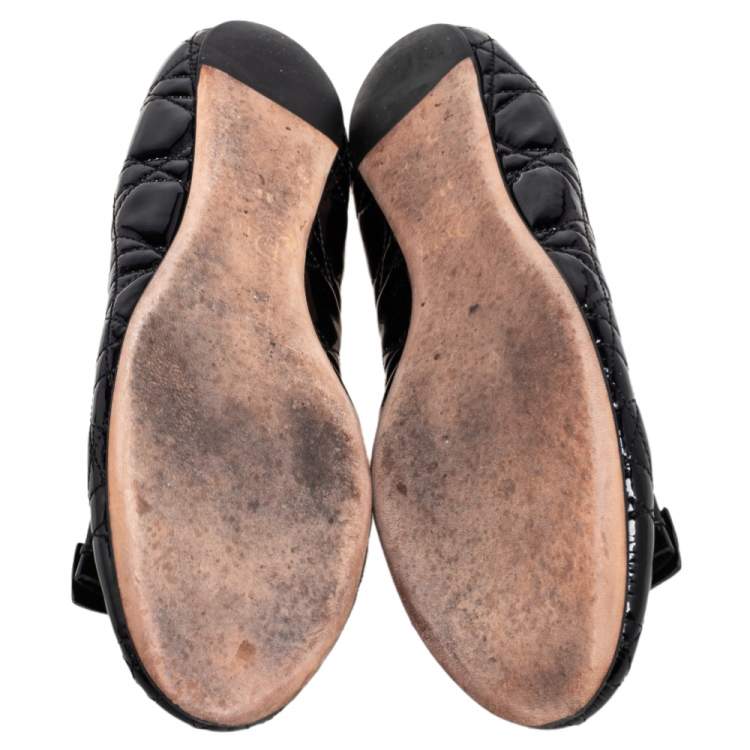 Pre Owned Christian Dior Black Patent Cannage Bow Ballet Flats Size 38.5